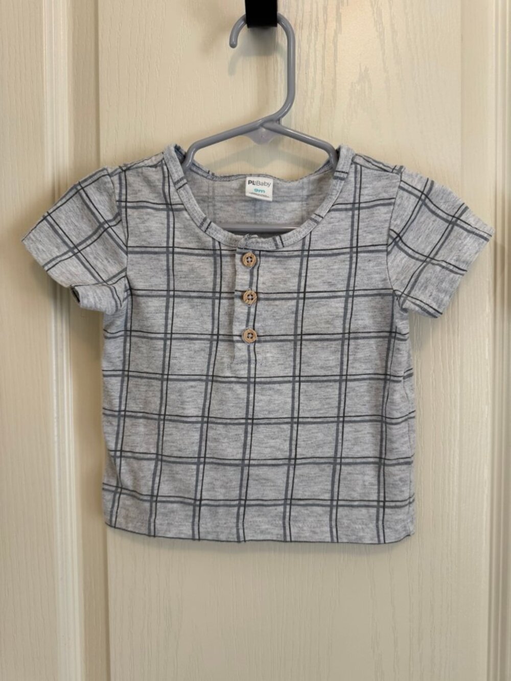 PL Baby Boys Gray Plaid Short Sleeve Henley Shirt 9M